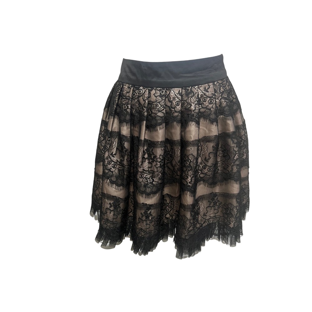 XXI Forever 21 Lace Mini Skirt Womens Sz L Black Champagne Tiered Tulle Coquette